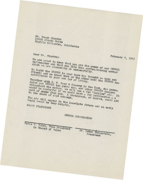 Chemex Corporation 1952 endorsement letter to Frank Sinatra