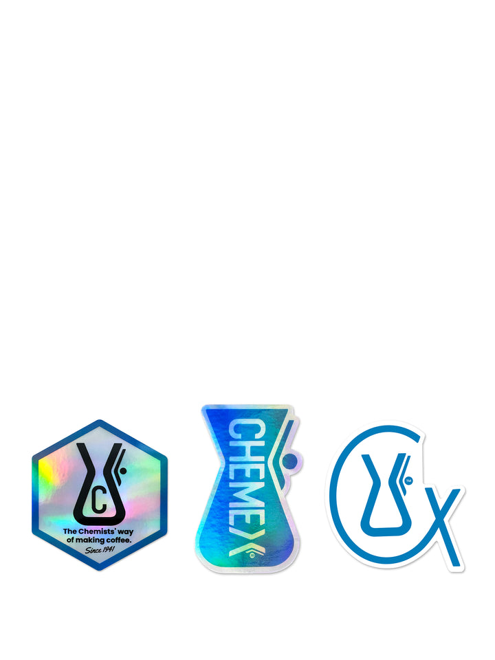 Three Chemex logo sticker variations on a white background