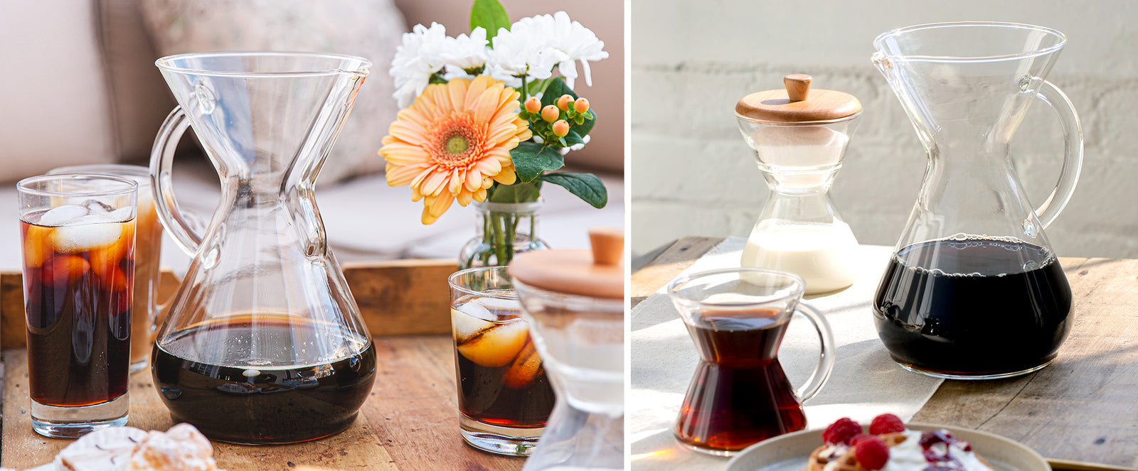 photo 1: ten cup glass handle coffee maker 1/2 full of iced coffee, with 3 glasses full of iced coffee, sitting on a wooden tray with flowers in a patio.
photo 2: ten cup glass handle coffeemaker with hot coffee at brunch.