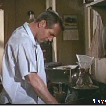Paul Newman is seen here in a still from the 1966 film Harper making coffee in a Chemex pour-over brewer.