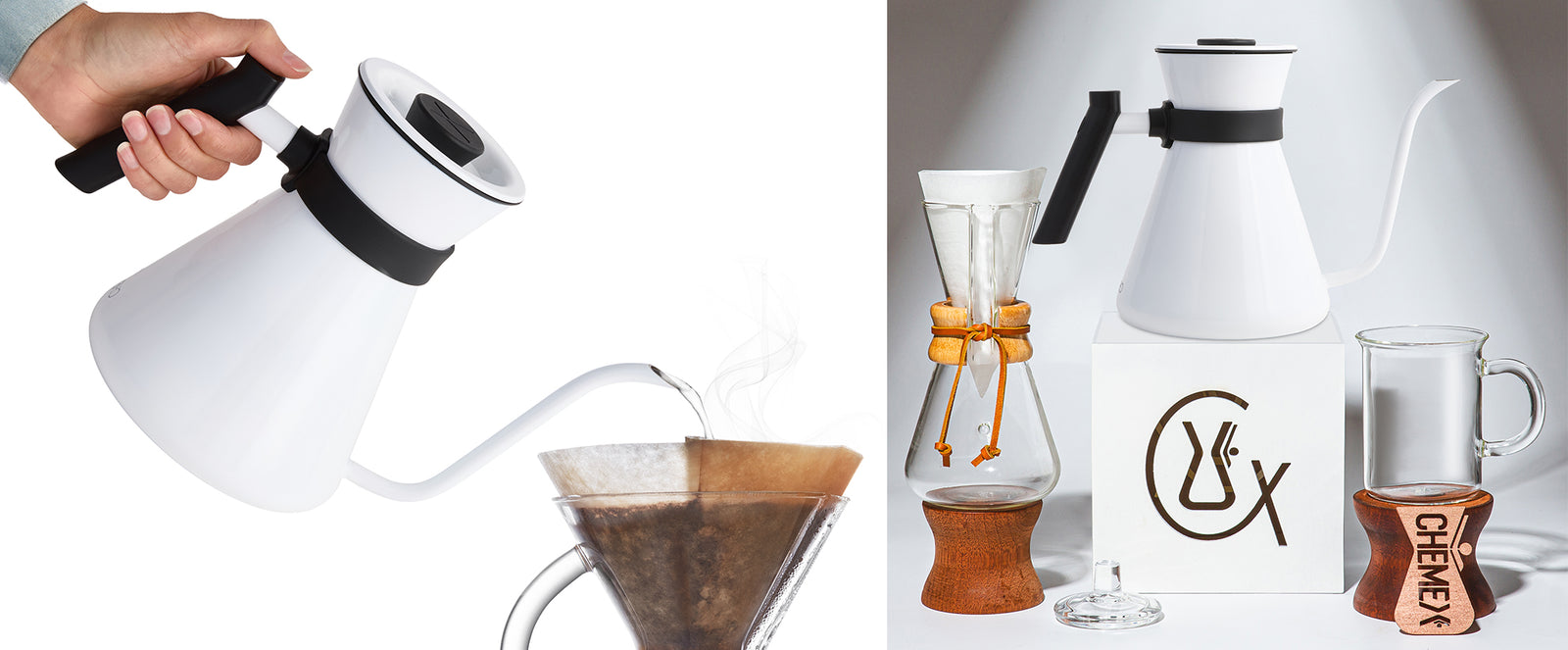 White kettle with black handle and lid, glass carafe, and coffee filter on a white background.