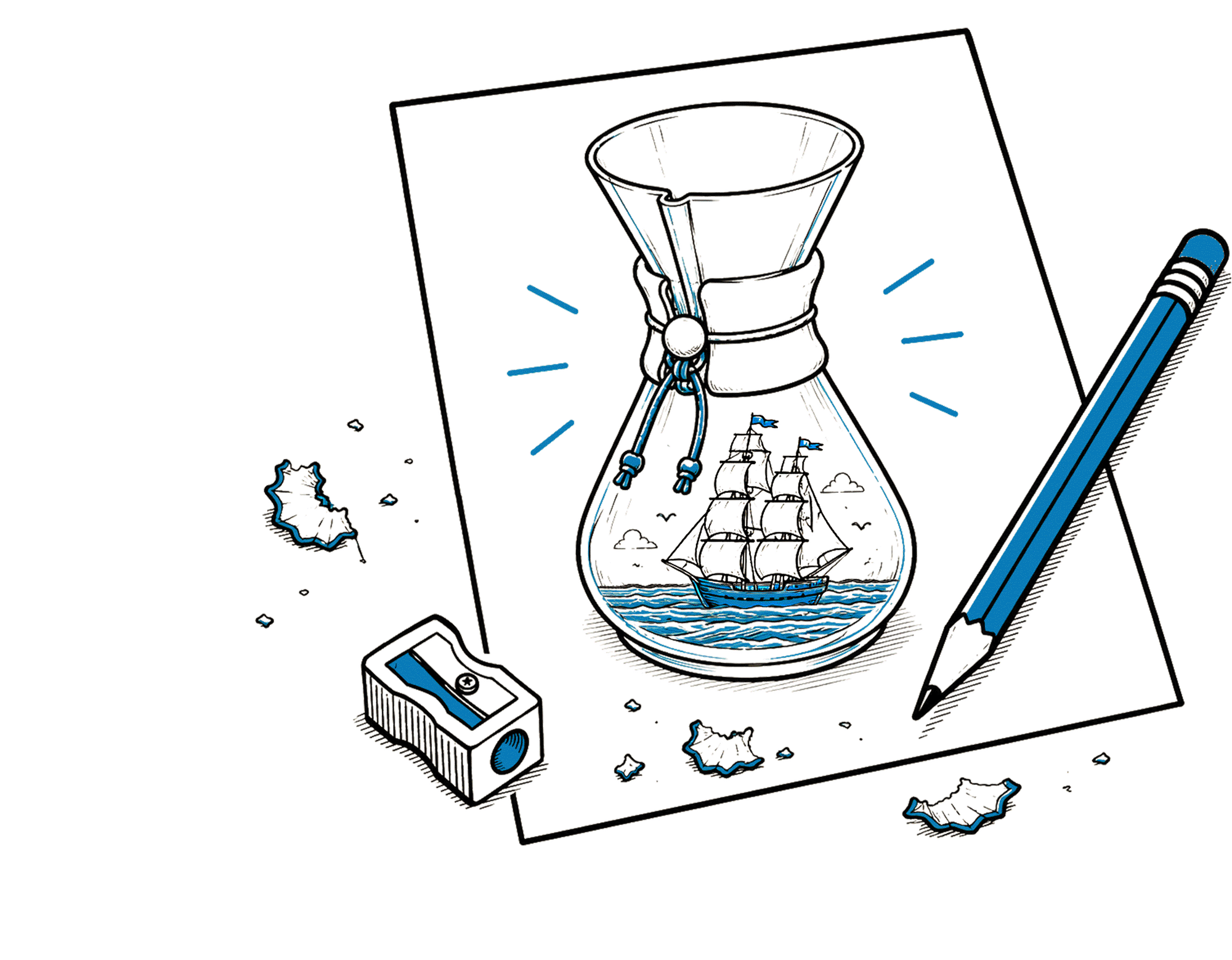 An illustration of an illustration of a chemex with ship on water inside the chemex.