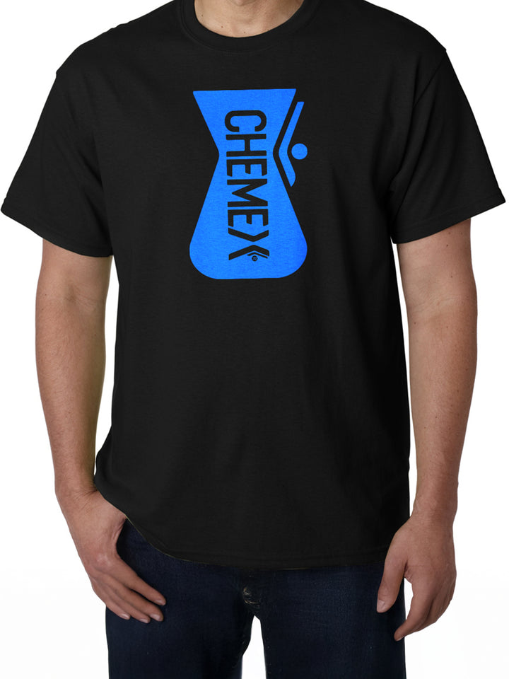 Black t-shirt with blue Chemex logo worn by a person
