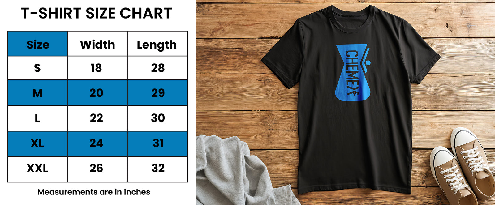 t-shirt sizing chart. Size Small, Width 18", Length 28". Size Medium, Width 20", Length 29". Size Large, Width 22", Length 30". Size Extra Large, Width 24", Length 31". Size XXLarge, width 26", Length 32".