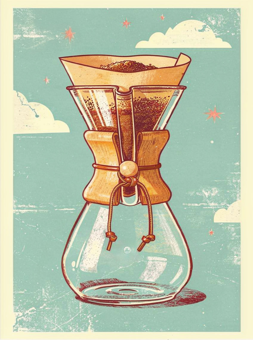 chemex coffeemakermaker drawn on a sky background. 