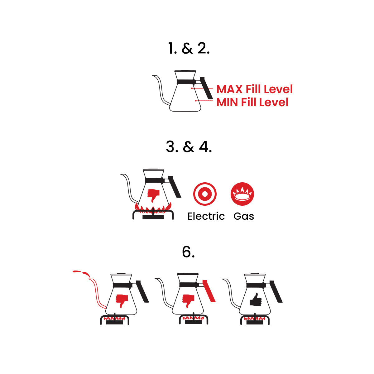 Safety nstruction for the Chettle. Do not fill over the MAX line, always fill over the MIN line. keep Chettle on a burner that is smaller than the Chettles bottom.