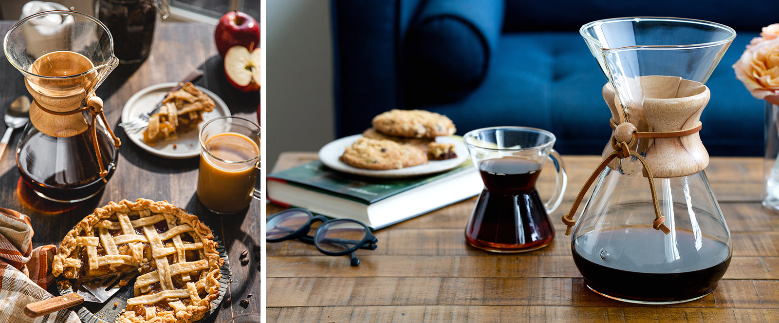 photo 1: classic coffeemaker next to a delicious apple pie, one slice has been served on a plate, there is a delicious cup of coffee next to the plate. photo 2: coffeemaker is on a coffee table next to a glass handle mug of coffee, there is a book and a plate of cookies also on the table. the table is front of a blue couch. 