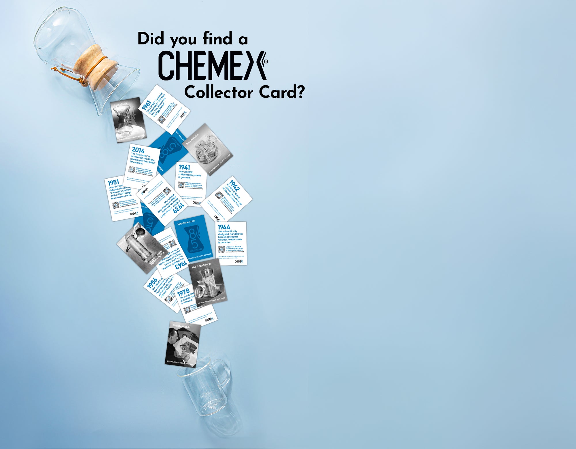 chemex coffeemaker pouring our a bunch of chemex collectors cards onto a blur background 