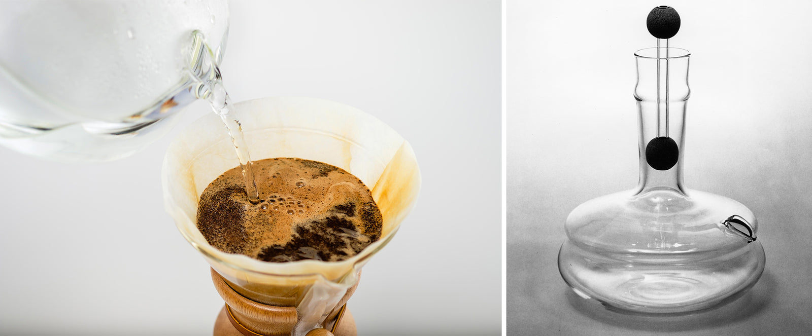 present day handblown glass kettle brewing coffee on the left. handblown glass ettle from the 40's on the right