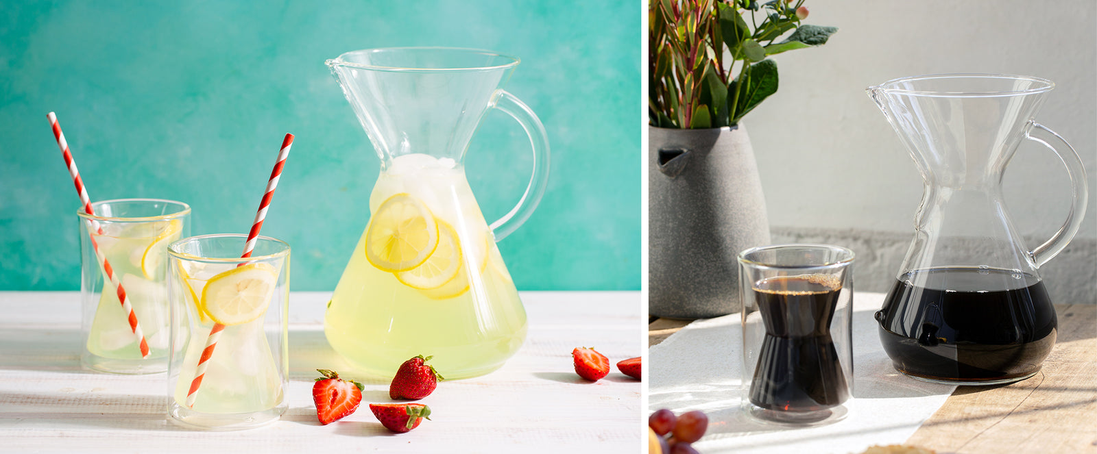 double walled mug filled with lemonade and lemon slices with red and white striped straws. 