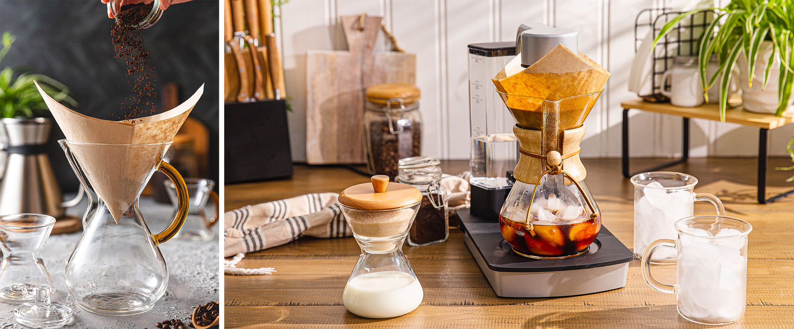 prefolded natural square filters in use to brew coffee