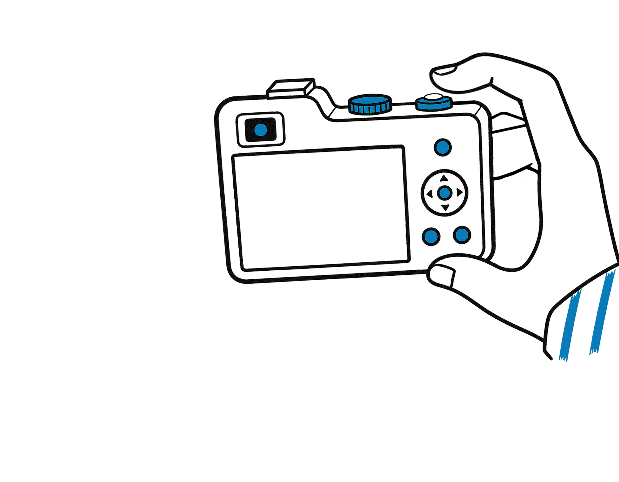 An illustration of digital camera taking a photo of a Chemex, mug of coffee and a piece of cake.