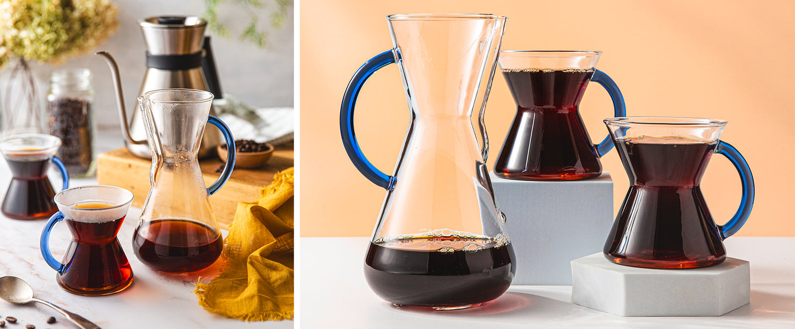Photo on left: a beauty shot of the the three cup sapphire glass handle bundle on a counter top with coffee beans and yellow napkin and the Chemex Chettle
Photo on right: the three cup sapphire glass handle bundle on display in front of a clean light orange background. 
