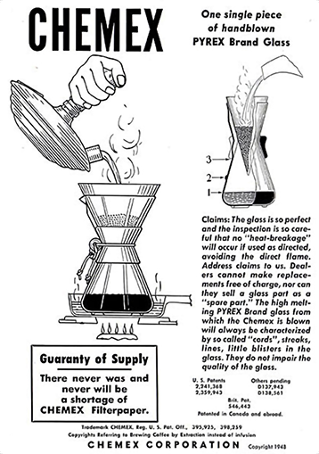 1943 Chemex magazine advertisement — single piece of handblown PYREX brand glass