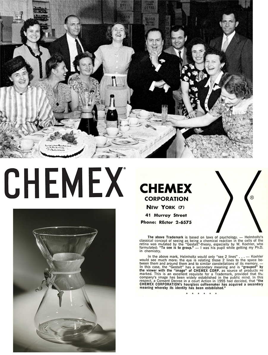 1949 Chemex team photograph with CHEMEX logo, hourglass coffeemaker, and CHEMEX Corporation trademark mark