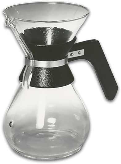 Chemex coffeemaker with black handle and glass collar — 1970s era