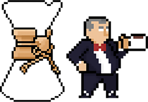 Brew Perfect game pixel-art duo — Chemex coffeemaker character and Peter Schlumbohm in a tuxedo holding a coffee cup, 2019