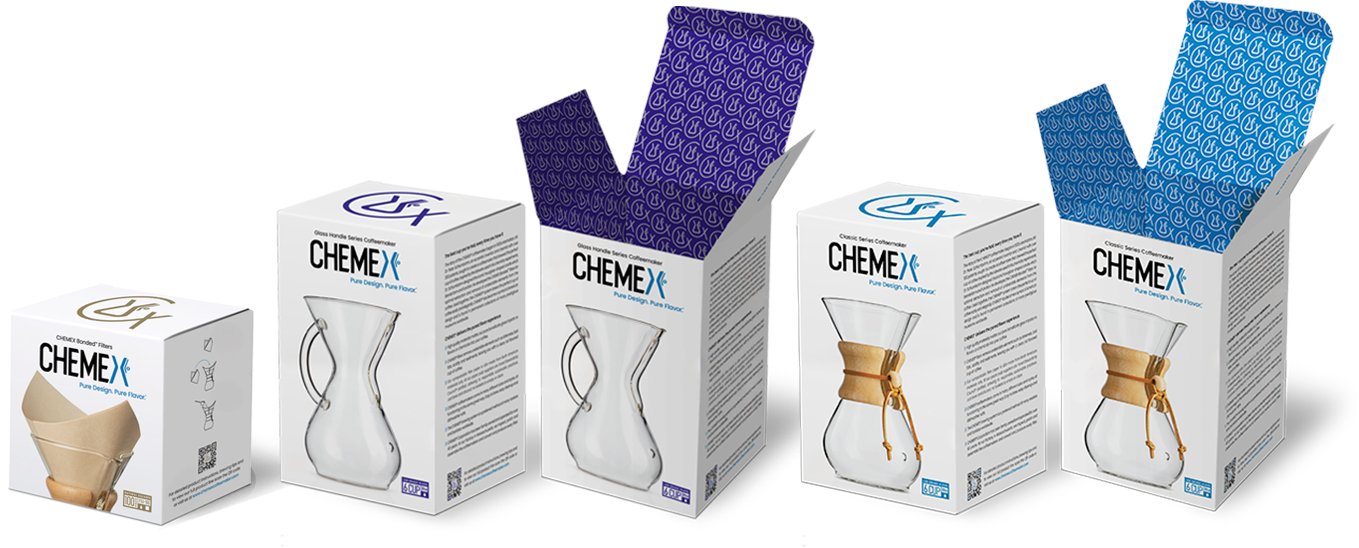 CHEMEX 2025 packaging refresh — Bonded Filters box alongside Glass Handle Series and Classic Series coffeemakers in boxes with purple and blue patterned interior linings