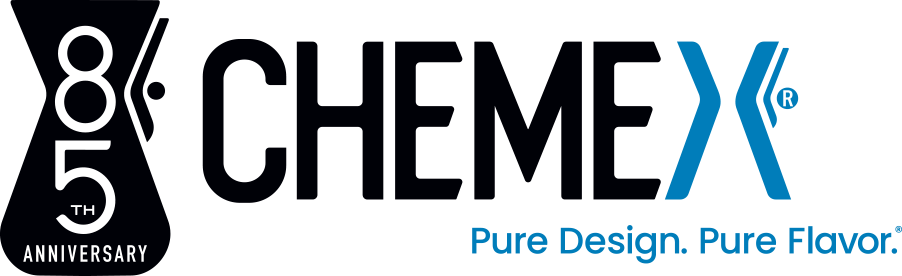 CHEMEX 85th anniversary medallion alongside refreshed CHEMEX wordmark — Pure Design. Pure Flavor. — 2026