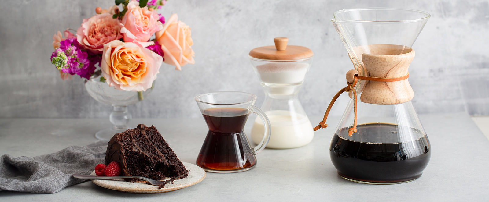 8-cup classic, cream and sugar set glass handle mug with flowers and chocolate cake