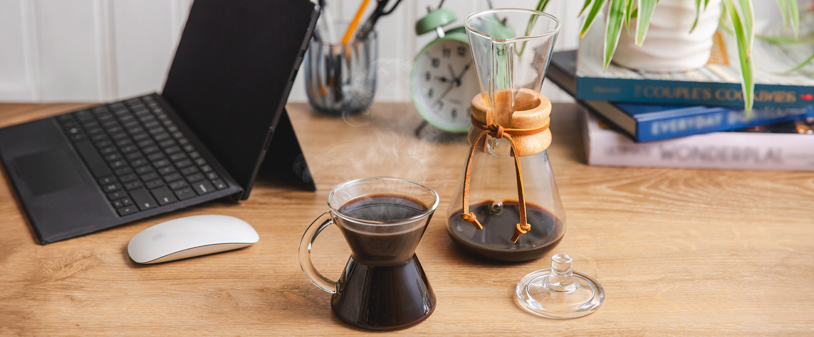 hot coffee in teh gkass handle mug, brewed in a 3-cup classic, afternoon work break at desk